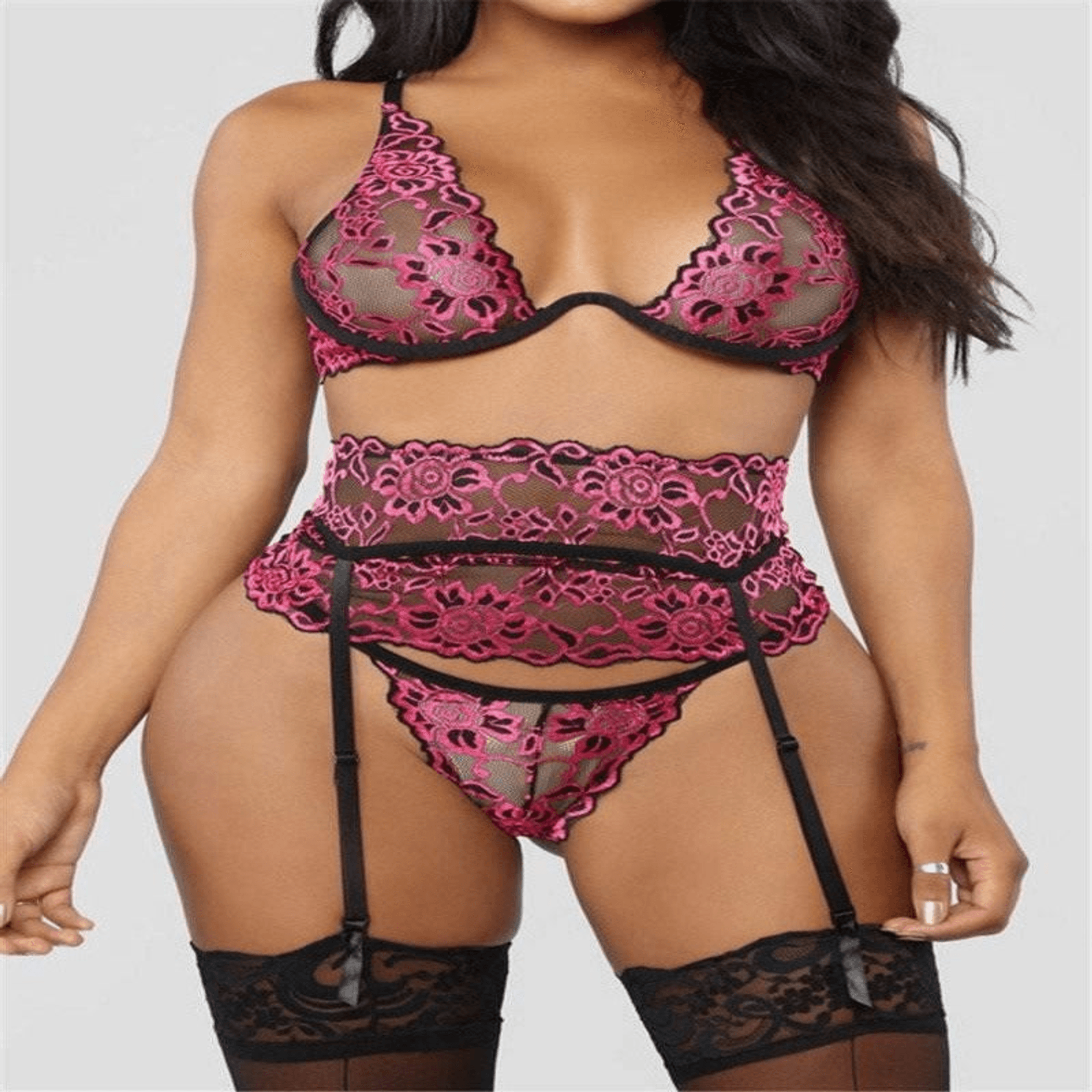 Sexy Lace Lingerie Set with Garter Belt and Sheer Panties